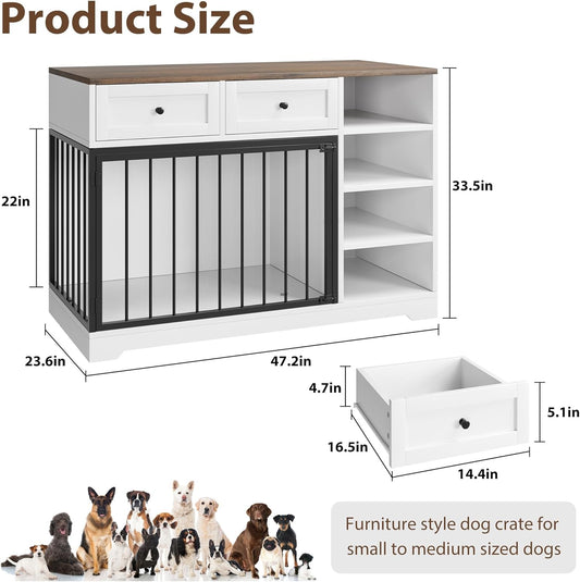 47" Dog Crate Furniture with Drawers & Shelves, Wooden Dog Kennel Furniture TV Stand, Rustic Pet Crate End Table for Medium Large Dogs