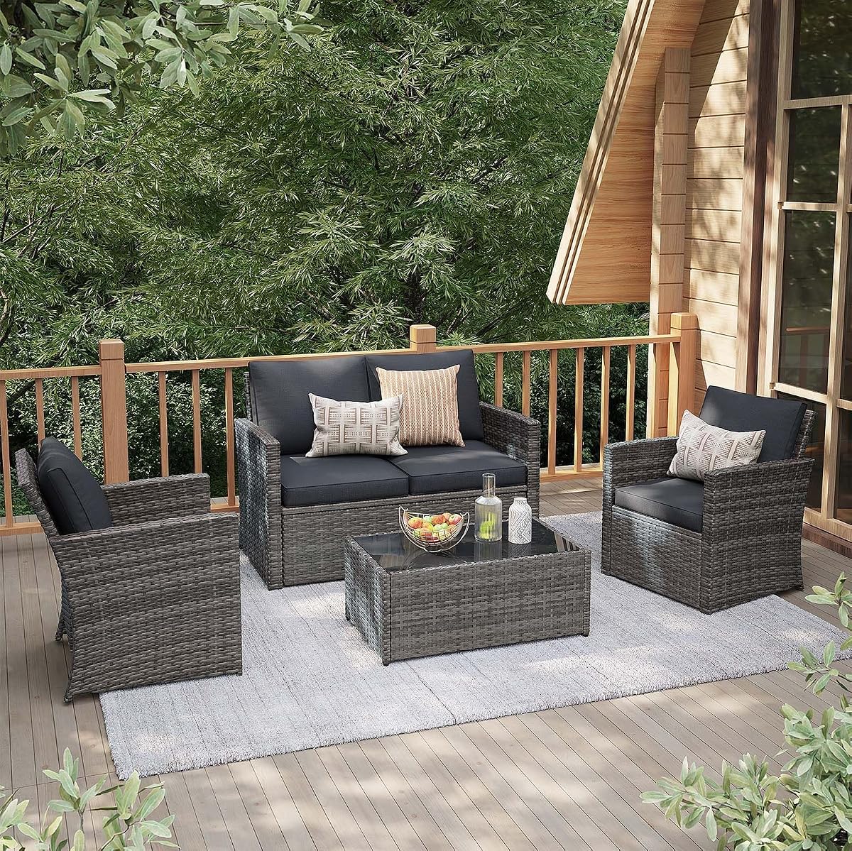 4 Piece Outdoor Patio Furniture Set, All-Weather Wicker Patio Conversation Set, PE Rattan Sofa Set with Loveseat Chair and Tempered Glass Coffee Table, Dark Gray