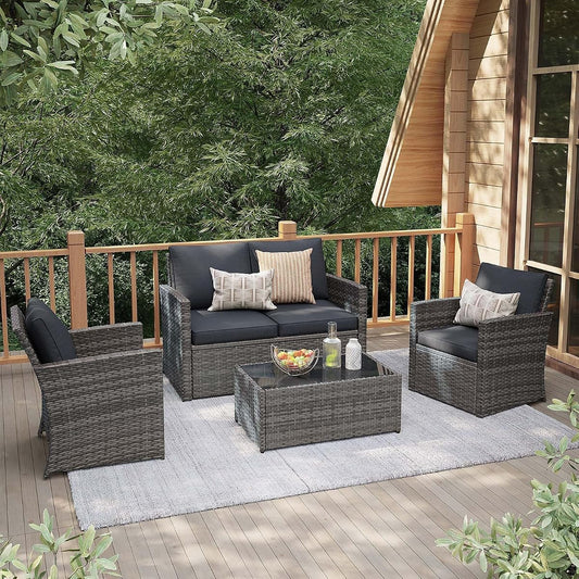 4 Piece Outdoor Patio Furniture Set, All-Weather Wicker Patio Conversation Set, PE Rattan Sofa Set with Loveseat Chair and Tempered Glass Coffee Table, Dark Gray