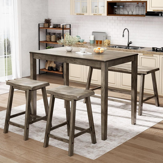 Dining Table Set for 4, Counter Height Table and Chairs, Kitchen Table Set with Bench and 2 Chairs, Small Breakfast Bar Dining Set, Smoky Brown