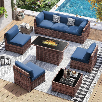 Patio Furniture Set with 44'' Fire Pit Table, 8 PCS Outdoor Sectional Furniture Sets, Slanted Back Outdoor Conversation Set PE Rattan Sofa for Porch W/Coffee Table, Blue