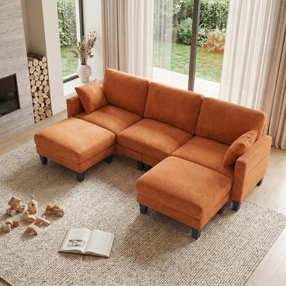 100" W U Shaped Couch with Ottoman, 22" Deep Seat Comfortable Sectional Couches for Living Room, 3 Seater Chenille Fabric Cloud Sofa for Apartment, Small Spaces, Bedroom, Orange