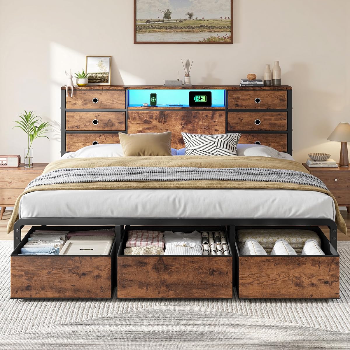 King Size Bed Frame with 9 Drawers and Charging Station, Brown