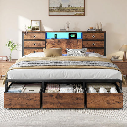 King Size Bed Frame with 9 Drawers and Charging Station, Brown