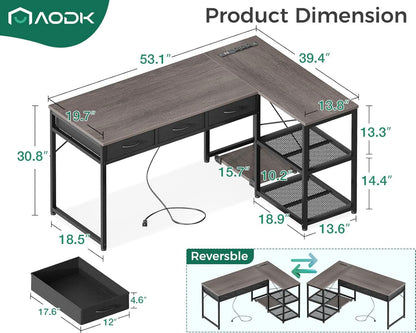 53 Inch L Shaped Computer Desk with Drawers, Corner Desk with Power Outlets & Reversible Storage Shelves, Movable CPU Stand for Home Office Gaming, White