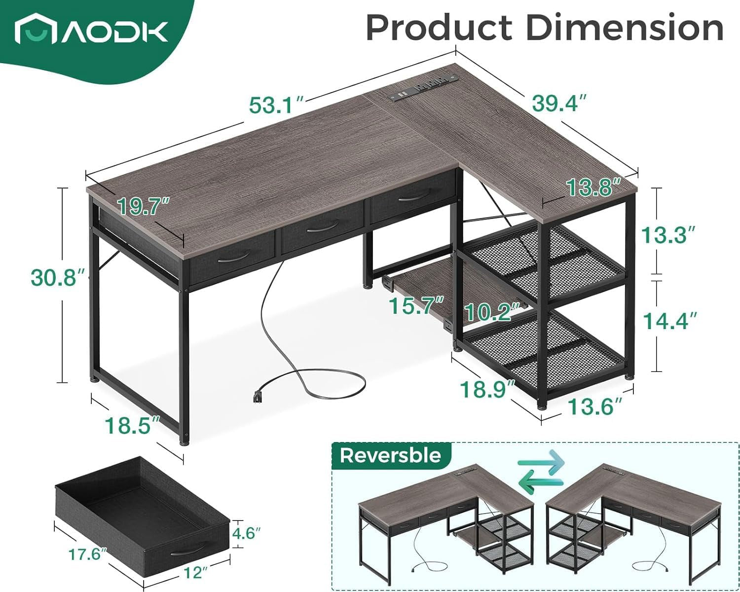 61 Inch L Shaped Computer Desk with Drawers, Corner Desk with Power Outlets & Reversible Storage Shelves, Movable CPU Stand for Home Office Gaming, Black