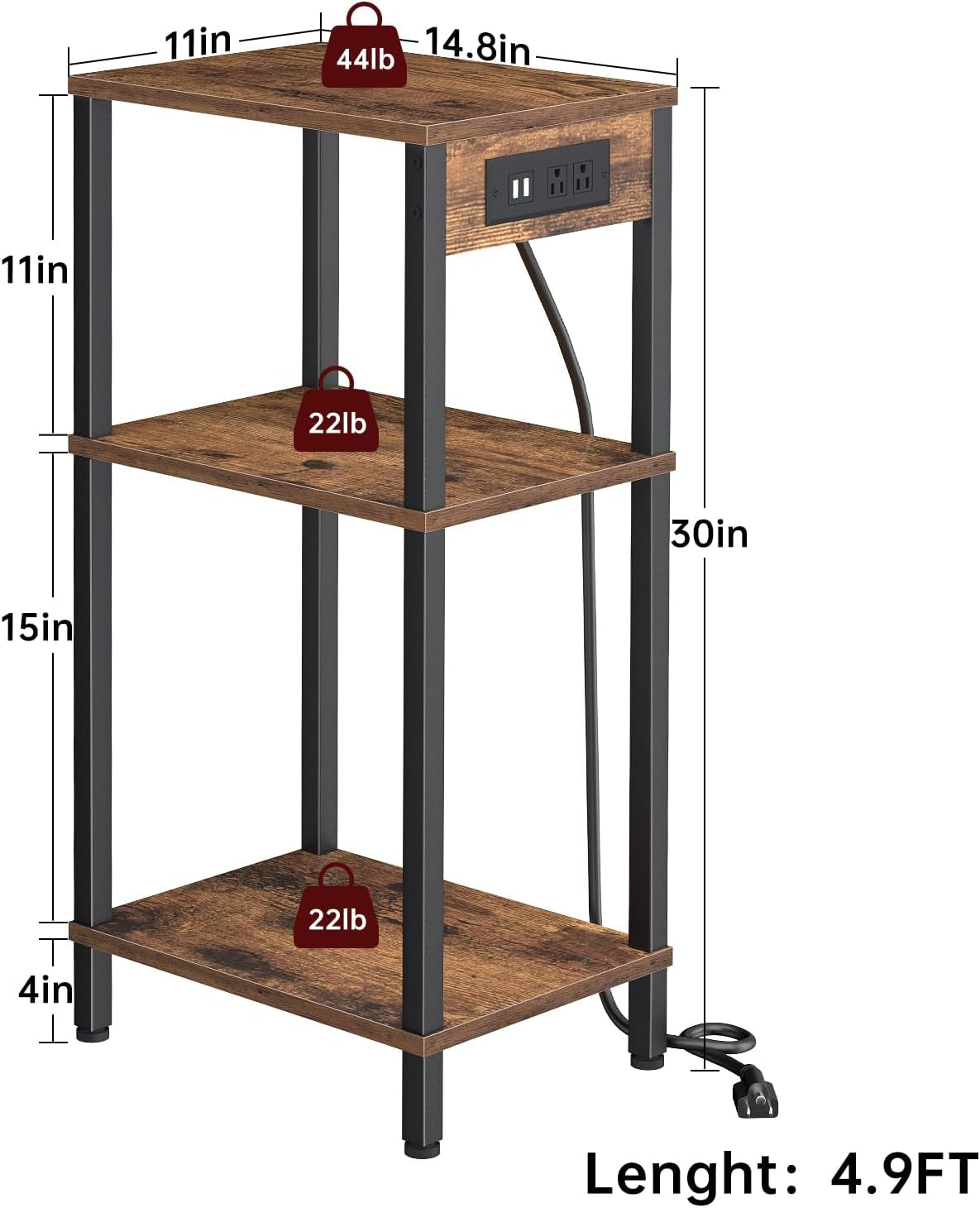 Side Table with Charging Station, Tall End Tables Living Room, 30 Inch Skinny Night Stand with Storage, Small Bedside Tables for Bedroom, Office, Dorm, Hallway, Rustic Brown