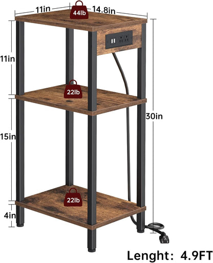 Side Table with Charging Station, Tall End Tables Living Room, 30 Inch Skinny Night Stand with Storage, Small Bedside Tables for Bedroom, Office, Dorm, Hallway, Rustic Brown