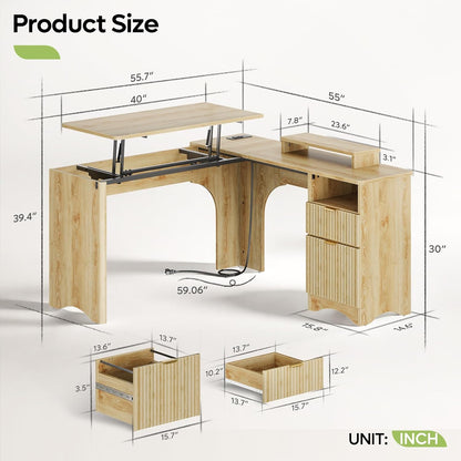 L Shaped Desk with Lift Desktop, 55 Inch Corner Desk with Fluted Panel Deisgn Drawers, Modern Office Desk with File Drawer (Natual Oak, 55'' X 55'' Lift Top)