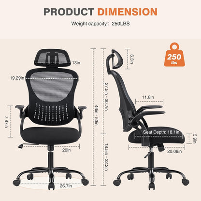 Office Computer Desk Chair, Ergonomic High-Back Mesh Rolling Work Chairs with Wheels and Adjustable Headrests, Comfortable Lumbar Support, Comfy Flip-Up Arms for Home, Bedroom, Study,Black