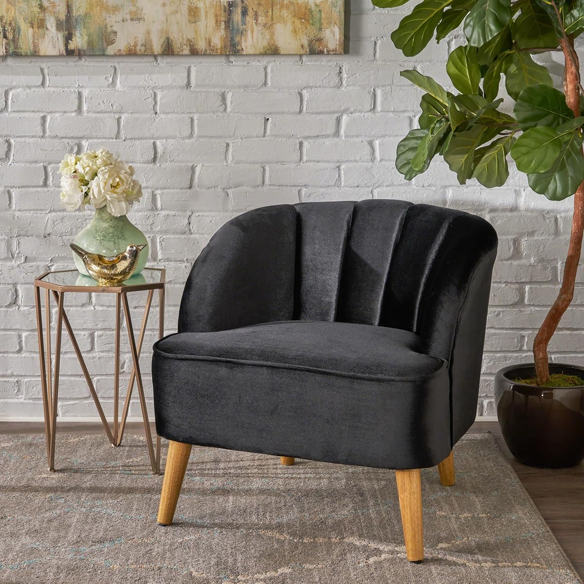 Velvet Accent Chair,Modern Lounge Living Room Chairs with A Curved Backrest and Iconic Splayed Legs,Seating Furniture for Bedroom,Black