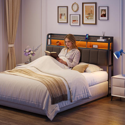 Queen Size Headboard with Outlets, Upholstered Ergonomic Headboard with 2-Tier Storage, LED Light, Queen Head Board Only, Height Adjustable, Sturdy and Stable, Black & Grey
