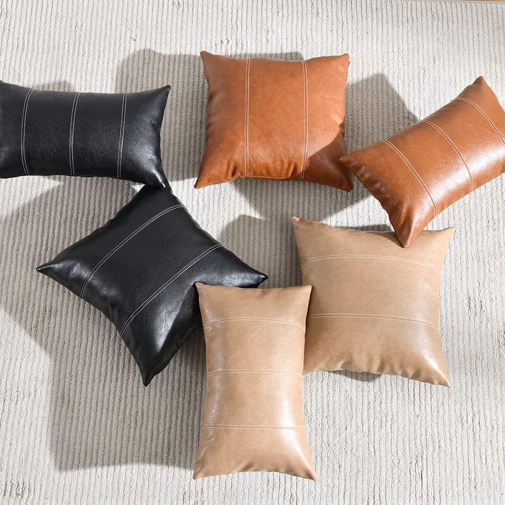 2 Packs Brown Boho Lumbar Faux Leather Decorative Throw Pillow Covers 12X20 Inch for Living Room Couch Bed Sofa, Hand Stitched Rectangle Cushion Case, Rustic Modern Farmhouse Home Decor