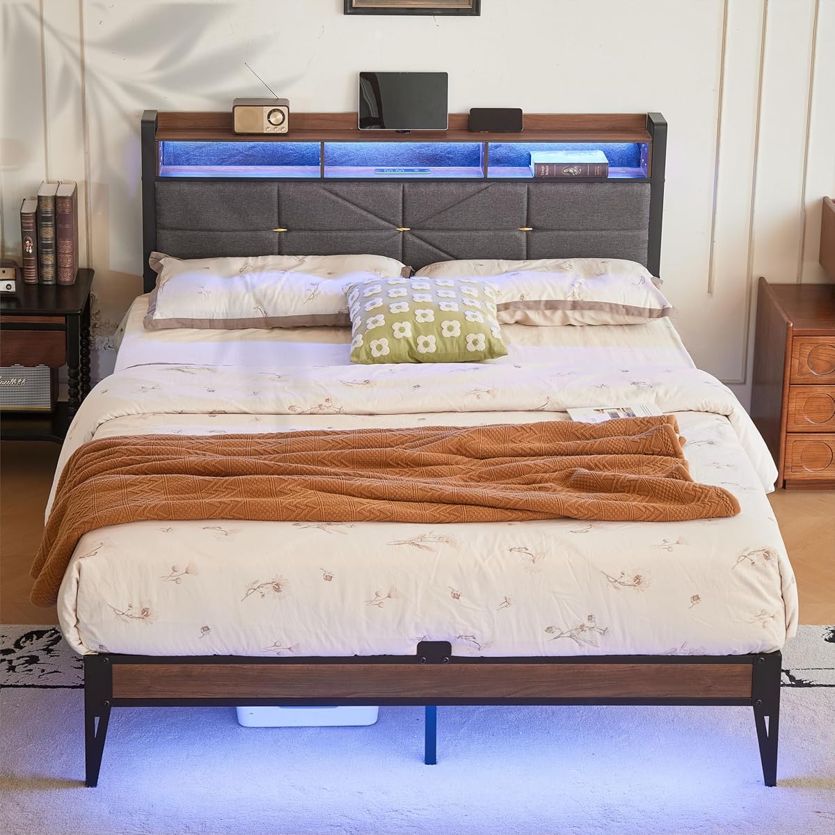 Upholstered Platform Bed Frame with Charging Station and Light Strips, Black