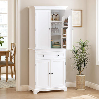 71'' Tall Kitchen Pantry Cabinet, Wood Food Pantry Cabinet with Drawers and Wine Glass Rack, Freestanding Storage Cabinet for Kitchen, Living Room, Dining Room, White