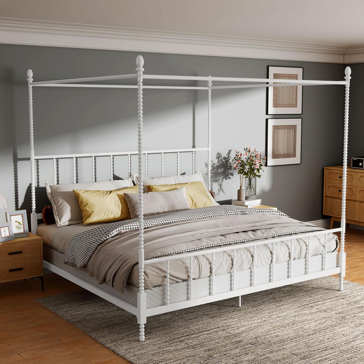 Vaeli Modern Metal King Size Four Poster Bed Frame with Spindles