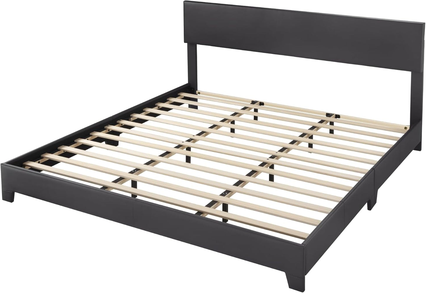 King Size Bed Frame with Adjustable Headboard, Faux Leather Platform Bed with Wood Slats, Heavy Duty Mattress Foundation, No Box Spring Needed, Noise-Free, Easy Assembly, Black