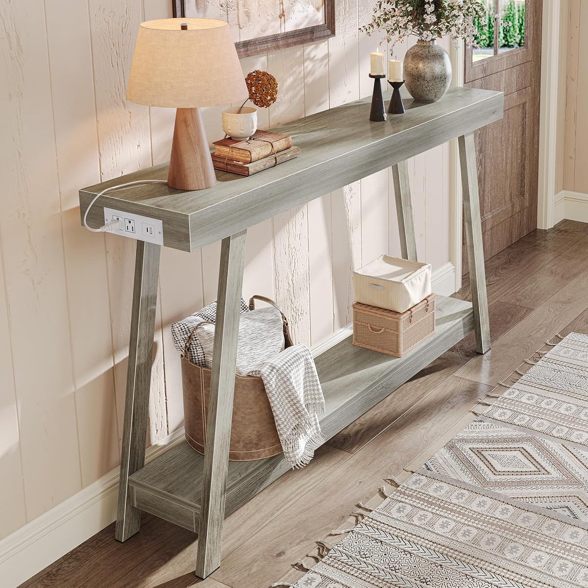 Console Table with Charging Station, USB-C Port, 2 Tiers Entryway Table, 53.9 Inch Sofa Table with Metal Legs, Entry Hallway Table with Thicker Desktop, Modern Behind Couch Table, Grey