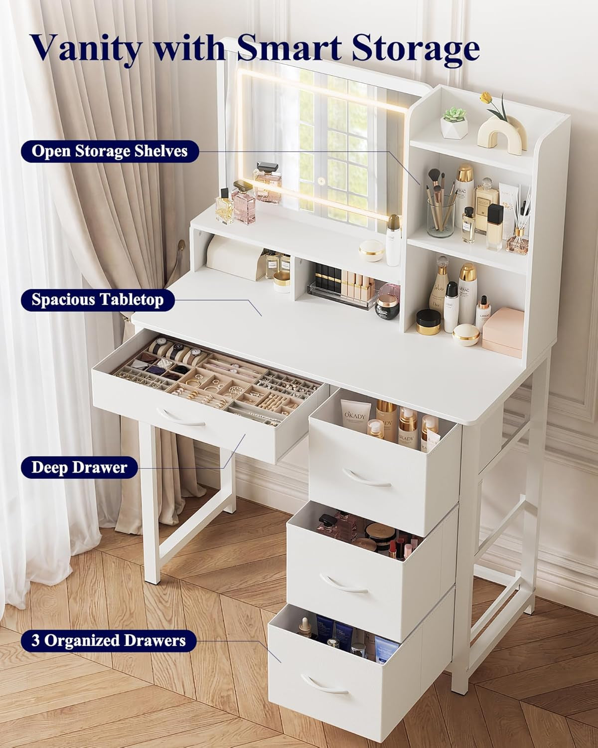 Vanity Desk with Mirror and Lights - Large Capacity Makeup Vanity with 4 Fabric Storage Drawers & 3 Lighting Modes, Vanity Table Set with Sturdy Metal Frame for Bedroom, White, 35" X 17" X 52"