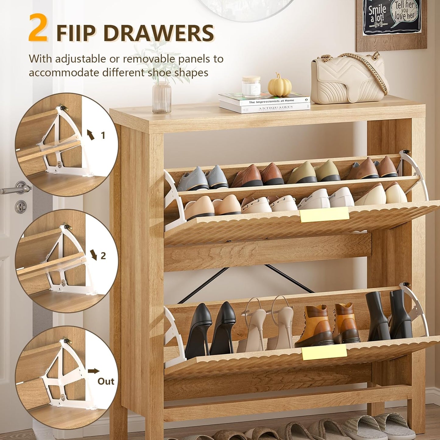 Shoe Cabinet Storage for Entryway, Fluted Shoe Cabinet with 2 Flip Drawers, Hidden Shoe Rack Tall Freestanding Shoe Organizer with Legs for Hallway, Oak