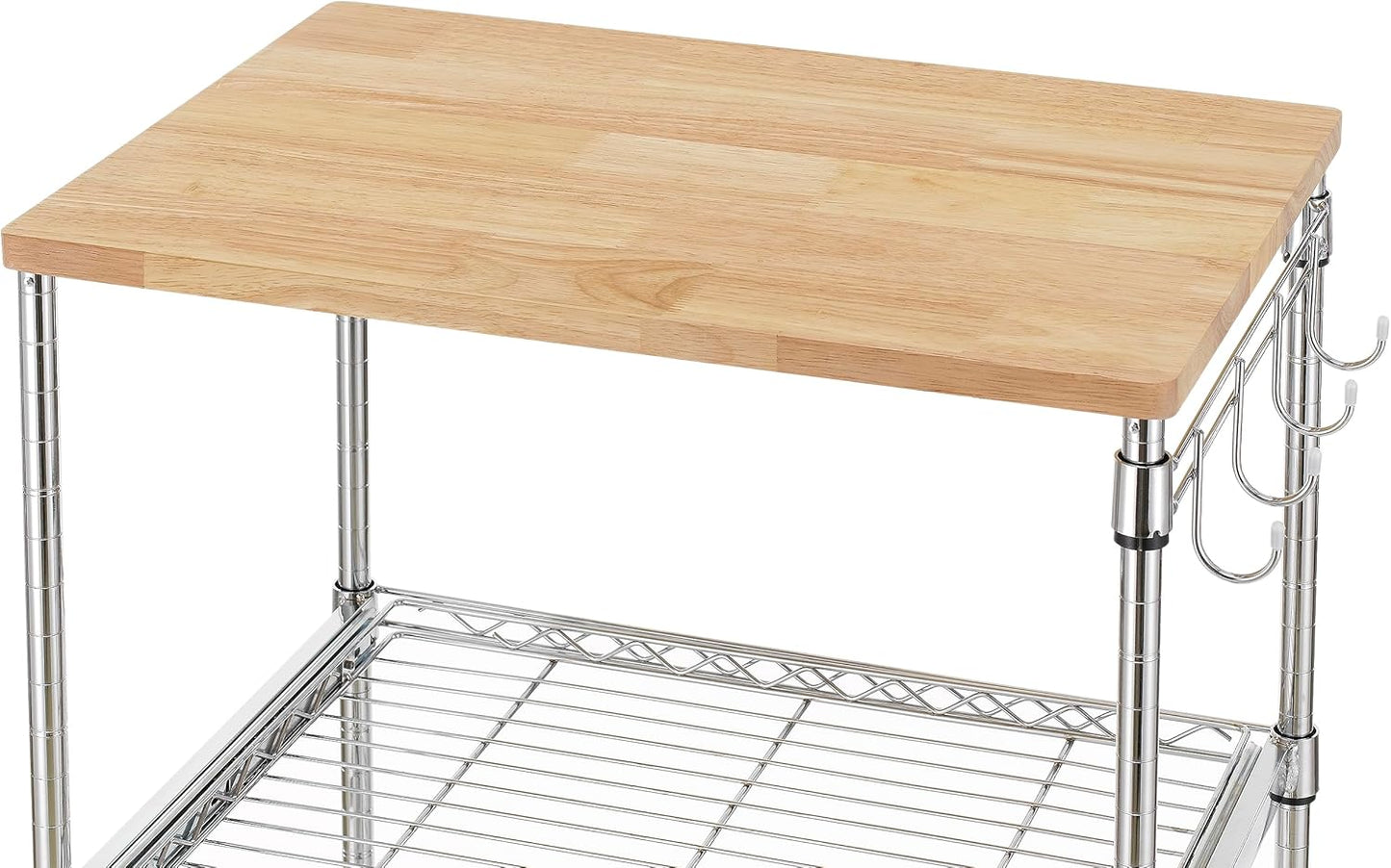 3-Tier Rolling Kitchen Cart, Microwave Cart with Oak Wood Tabletop and Drawer Slider, Coffee Cart & Food Service Cart with Hooks, Chrome