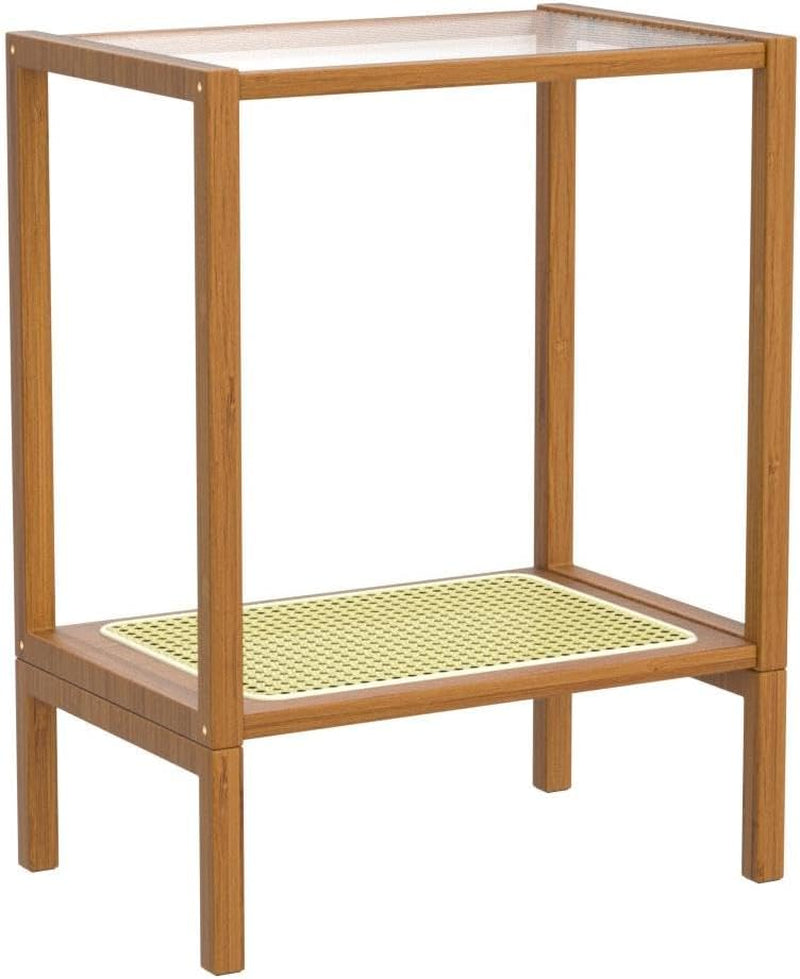 Rattan Side Table Living Room Glasstop Night Stand Boho End Table 2-Tier with Storage Mid Century Modern Bedside Table for Small Spaces Narrow Coffee Table Bamboo