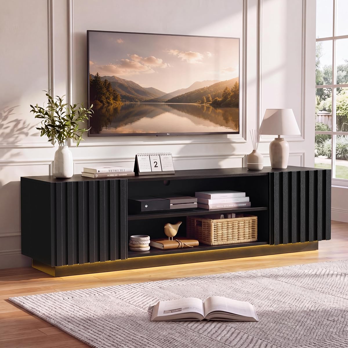 Mid Century TV Stand for TVs up to 80 Inches,Power Outlet, Black