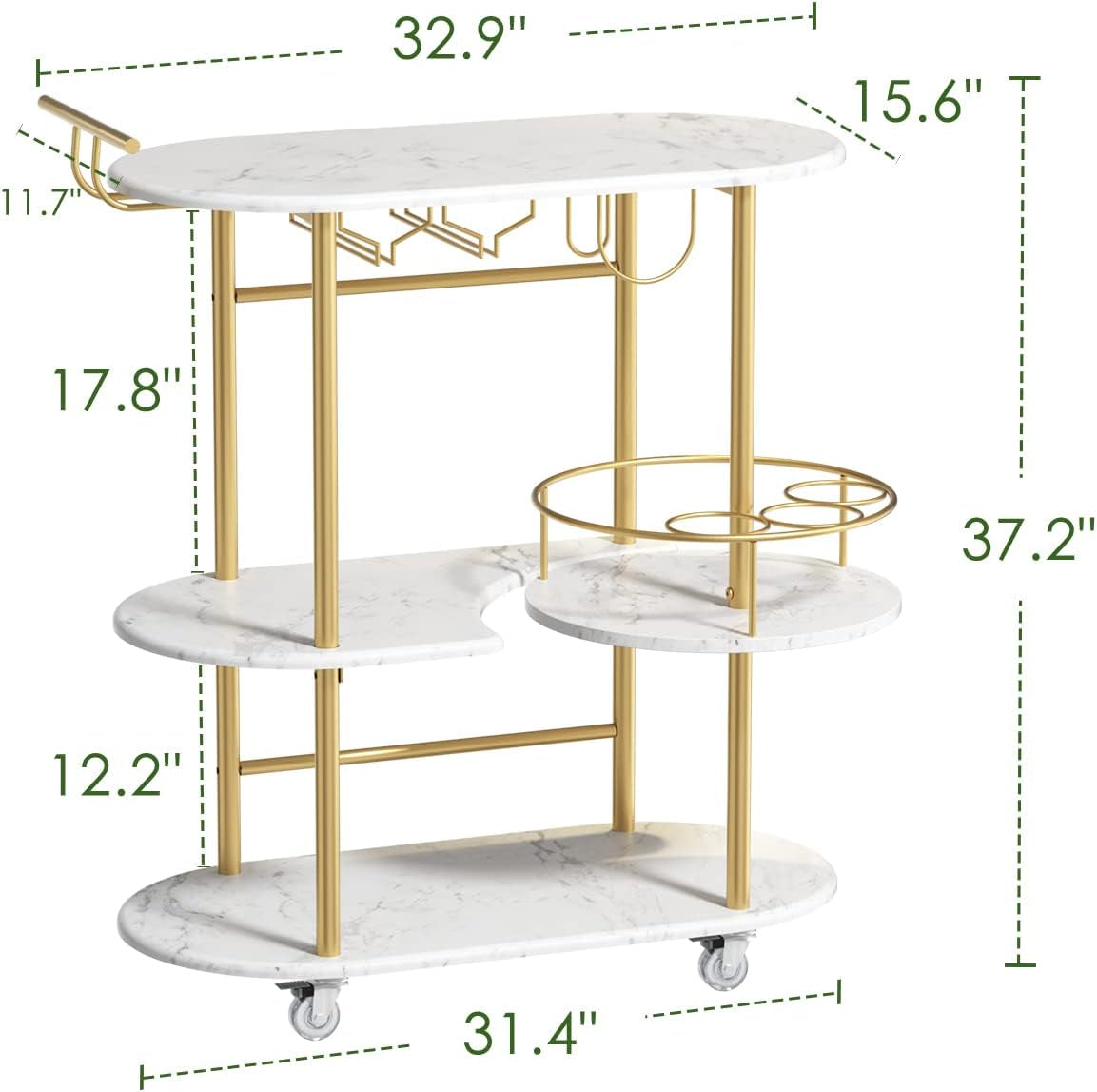 Gold Bar Carts with 4-Tier Storage Shelves, Mobile Bar Serving Cart with Wine Rack and Glass Holder, for the Home, Kitchen, Living Room, Dining Room