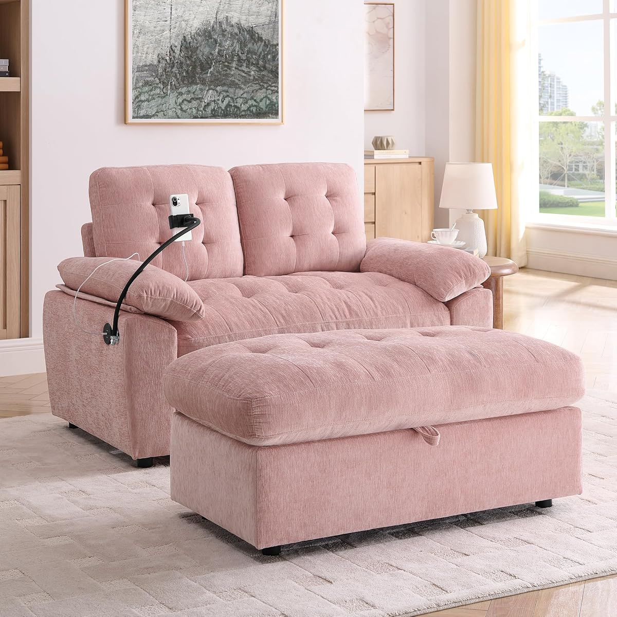 2 Seater Upholstered Loveseat Sofa with Storage Ottoman Phone Mount and Side Pocket Tufted Accent Couch, Pink