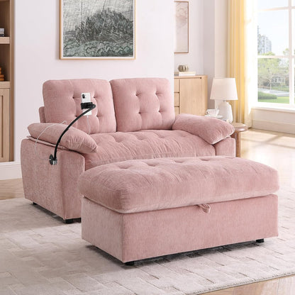 2 Seater Upholstered Loveseat Sofa with Storage Ottoman Phone Mount and Side Pocket Tufted Accent Couch, Pink