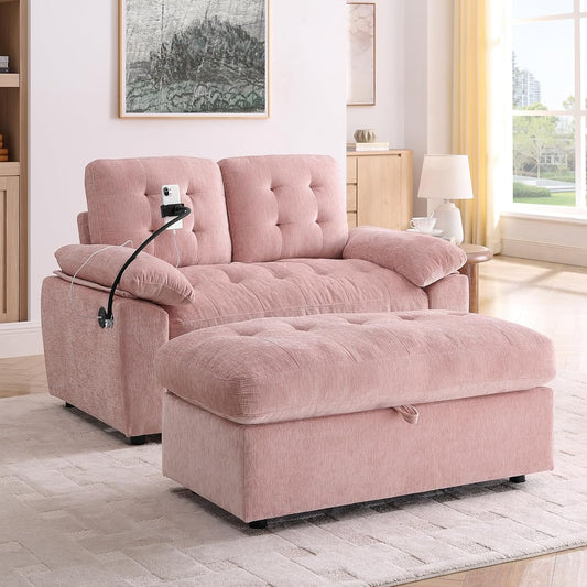 2 Seater Upholstered Loveseat Sofa with Storage Ottoman Phone Mount and Side Pocket Tufted Accent Couch, Pink