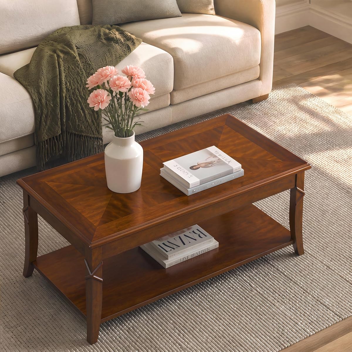 Solid Wood Coffee Table with Storage Shelf and Shimmering Tabletop