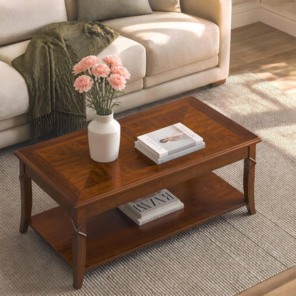 Solid Wood Coffee Table with Storage Shelf and Shimmering Tabletop