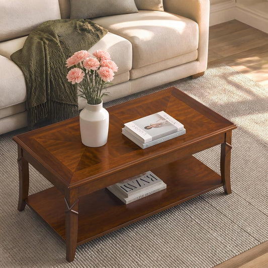 Solid Wood Coffee Table with Storage Shelf and Shimmering Tabletop