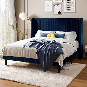 Queen Size Platform Bed with Corduroy Wingback Headboard, Blue, view 2