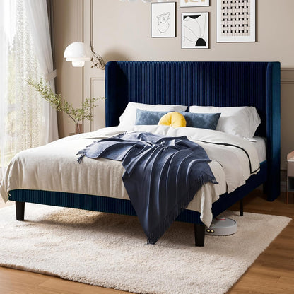 Queen Size Platform Bed with Corduroy Wingback Headboard, Blue