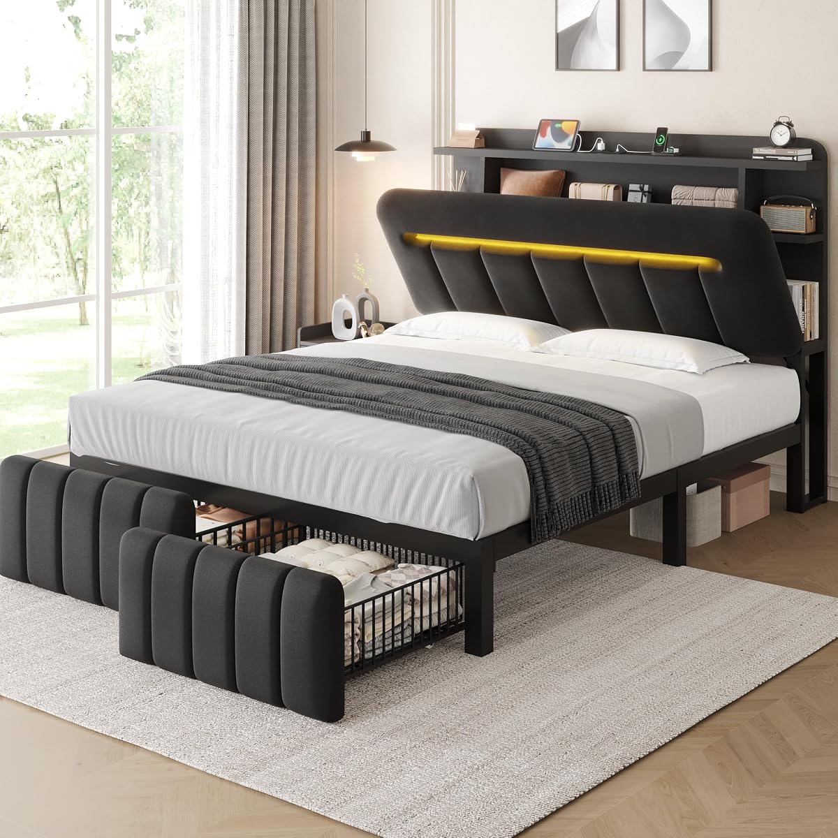 Queen Bed Frame with Storage Headboard