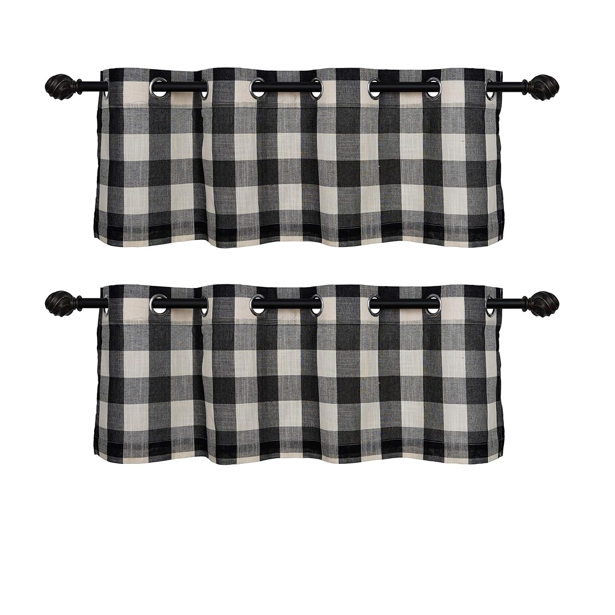 Creativesfun 2 Pcs Checks Line Up Set Farmhouse Faux Linen Look Buffalo Plaid Grommet WindowValance (Black & Cream, Valance 丨W53 X L18-INCH 2PCS)