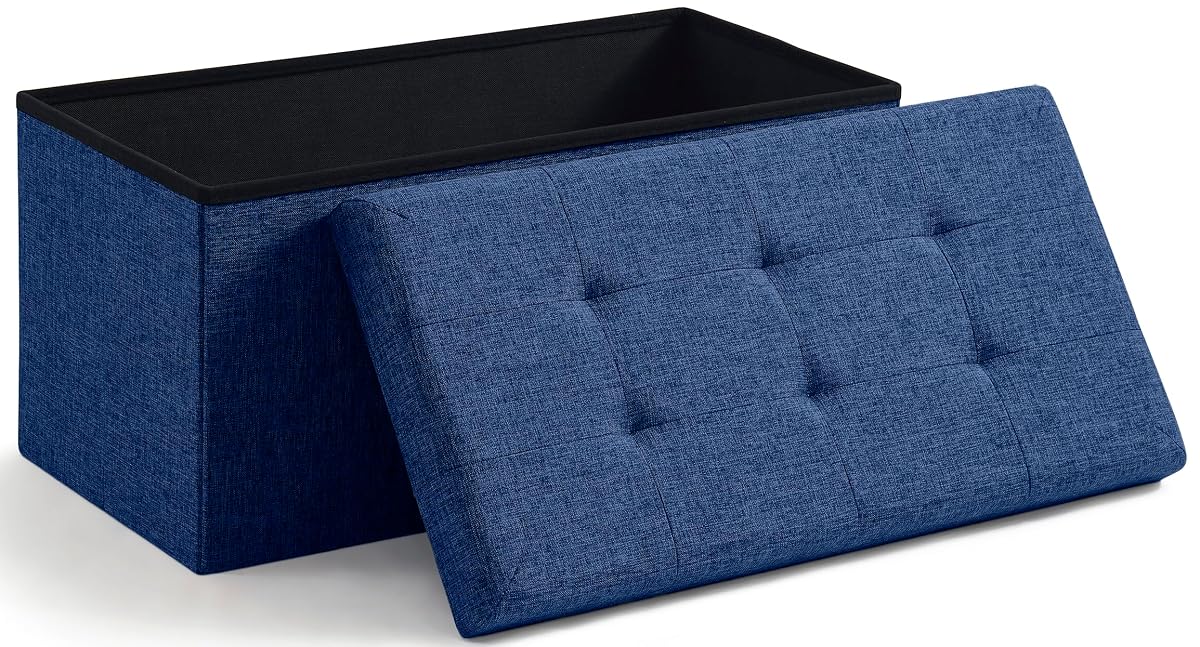 Folding Storage Ottoman, 30 Inch Large Storage Bench with Lid, Foot Rest Stool for Bedroom, Living Room, Entryway, Tufted Linen Upholstered - Navy Blue