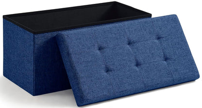 Folding Storage Ottoman, 30 Inch Large Storage Bench with Lid, Foot Rest Stool for Bedroom, Living Room, Entryway, Tufted Linen Upholstered - Navy Blue