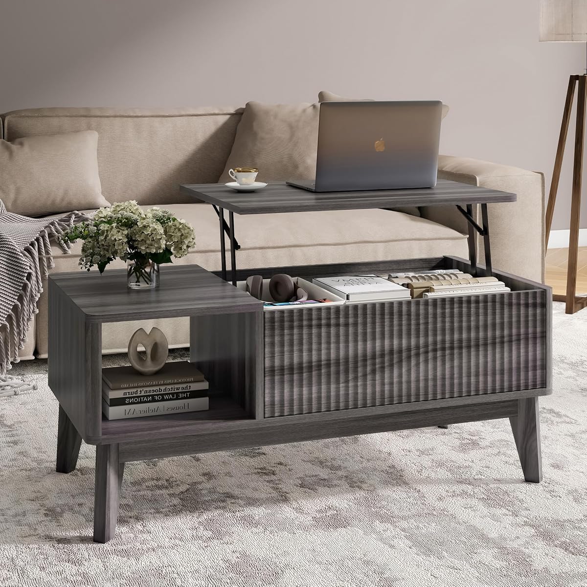 Fluted Lift Top Coffee Table with Storage,Modern Center Table for Living Room, Home Office（Grey）
