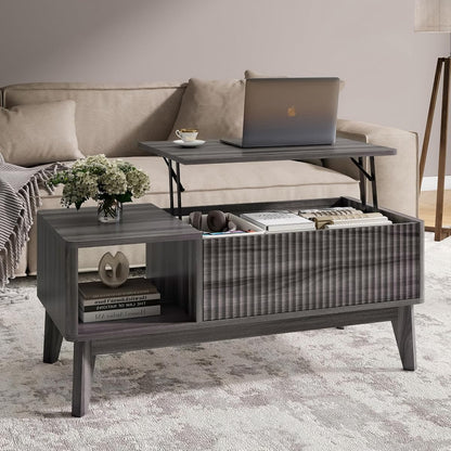 Fluted Lift Top Coffee Table with Storage,Modern Center Table for Living Room, Home Office（Grey）