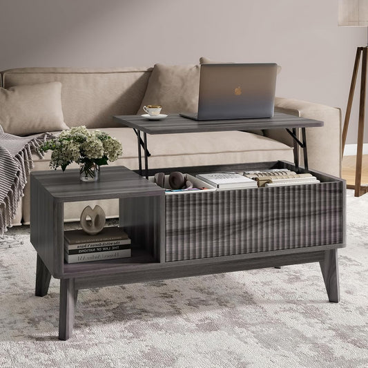 Fluted Lift Top Coffee Table with Storage,Modern Center Table for Living Room, Home Office（Grey）