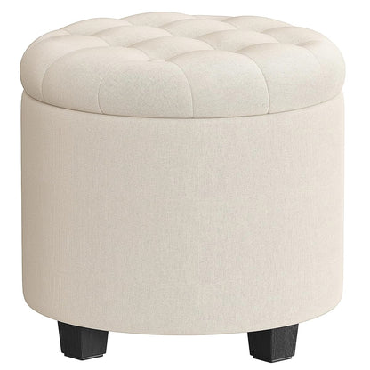 SONGMICS Round Ottoman, Ottoman with Storage, 17.7 x 17.7 x 17.5 Inches, Foot Rest with Legs, Linen-Look Fabric, Load up to 330 lb, for Living Room, Bedroom, Light Beige ULOM011W01