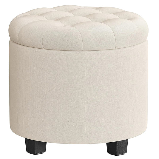 SONGMICS Round Ottoman, Ottoman with Storage, 17.7 x 17.7 x 17.5 Inches, Foot Rest with Legs, Linen-Look Fabric, Load up to 330 lb, for Living Room, Bedroom, Light Beige ULOM011W01