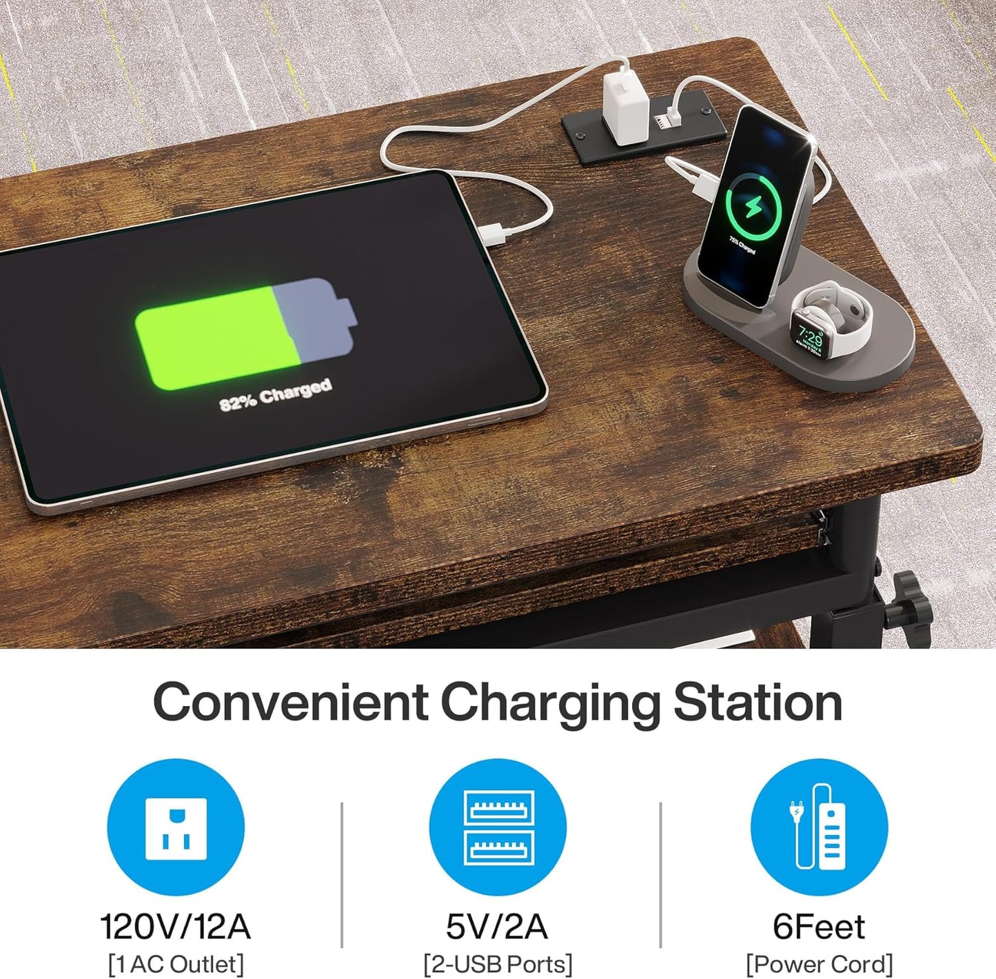 Small Portable Desk with Power Outlet, Height Adjustable Sofa Couch Bedside Laptop Table with Wheels, Mobile Standing Desk Rolling Computer Cart C Side Table with USB Ports