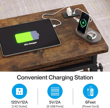 Small Portable Desk with Power Outlet, Height Adjustable Sofa Couch Bedside Laptop Table with Wheels, Mobile Standing Desk Rolling Computer Cart C Side Table with USB Ports