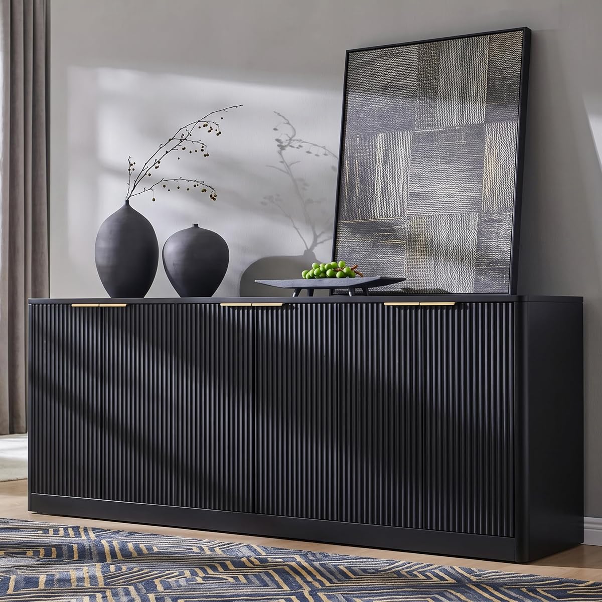 67" Fluted Black Buffet Cabinet with 6 Doors Storage