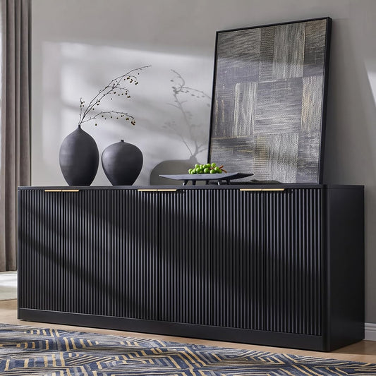 67" Fluted Black Buffet Cabinet with 6 Doors Storage