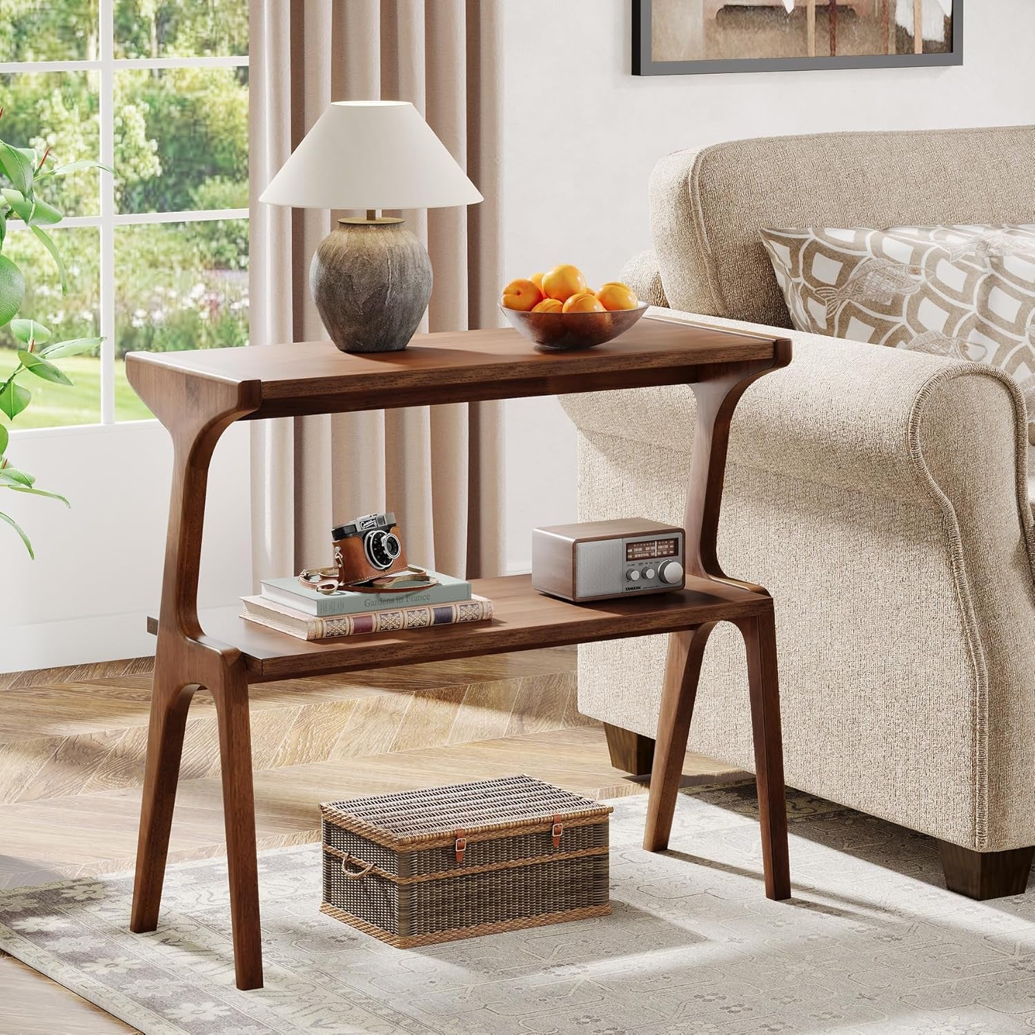 Solid Wood Side Table, 2-Tier Farmhouse Couch Side Table, Rustic Slim Tall Sofa End Table with Storage Shelf for Living Room, Skinny Bedside Table, Nightstand for Bedroom, Rustic Brown
